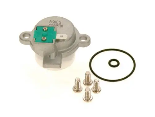 BOSCH Servoventil in silberner Metallausführung mit grünem Stecker, vier Schrauben und zwei Dichtungen zur Montage.